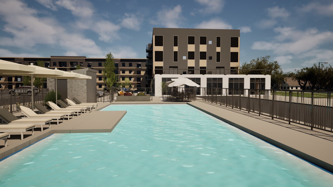 Olympus architectural visualization of the pool terrace, loungers and building in daylight